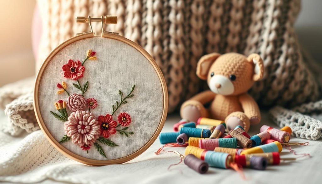 A beautifully crafted vignette of embroidered gifts, captured in a soft, warm light. In the foreground, a delicate floral hoop frame with intricate stitches, its vibrant colors and textures drawing the eye. In the middle ground, a handmade plush animal, its features brought to life through skilled needlework, nestled amongst a scattering of spools of thread in a rainbow of shades. The background features a cozy, inviting setting, with a knitted blanket or cushion providing a comforting backdrop, hinting at the care and attention that has gone into these handmade treasures. The overall mood is one of creativity, craftsmanship, and the joy of turning stitches into heartfelt keepsakes. A beautifully crafted vignette of embroidered gifts, captured in a soft, warm light. In the foreground, a delicate floral hoop frame with intricate stitches, its vibrant colors and textures drawing the eye. In the middle ground, a handmade plush animal, its features brought to life through skilled needlework, nestled amongst a scattering of spools of thread in a rainbow of shades. The background features a cozy, inviting setting, with a knitted blanket or cushion providing a comforting backdrop, hinting at the care and attention that has gone into these handmade treasures. The overall mood is one of creativity, craftsmanship, and the joy of turning stitches into heartfelt keepsakes.