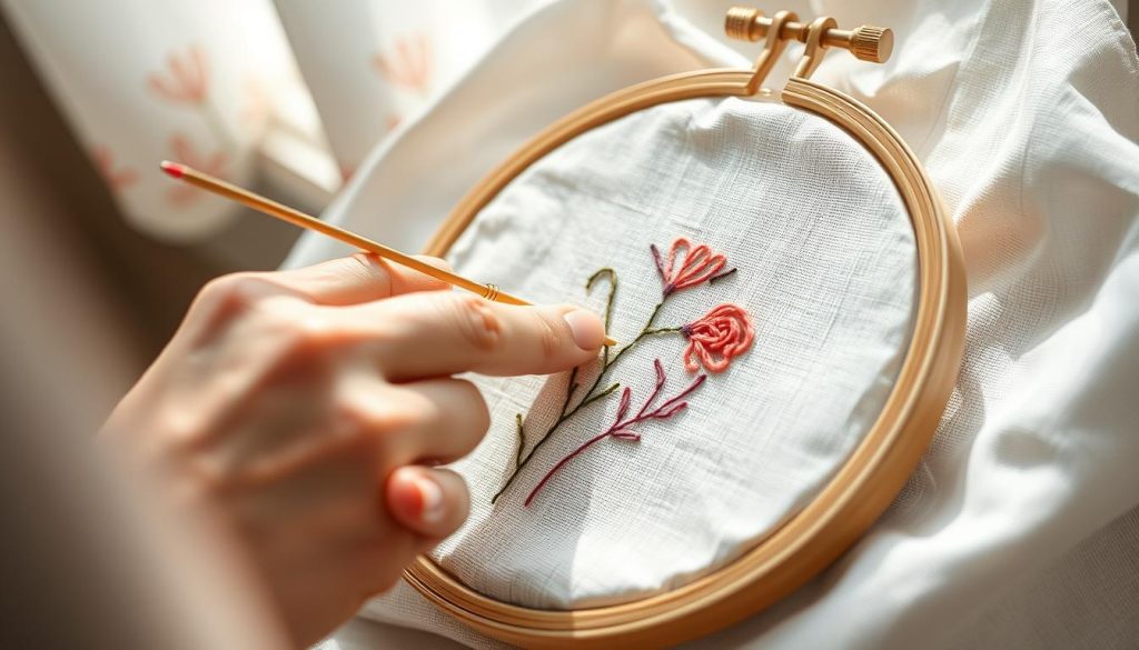 A brightly lit, close-up photograph of a hand embroidering a simple floral design on a linen fabric. The intricate stitches are clearly visible, showcasing the ease and speed of the process. The fabric is stretched taut in a wooden embroidery hoop, allowing for precise control. The foreground is in sharp focus, while the background is softly blurred, creating a sense of depth and drawing the viewer's attention to the delicate handiwork. The lighting is natural and flattering, highlighting the textures of the thread and fabric. The overall mood is one of calm, focused productivity, conveying the accessible and rewarding nature of this craft. A brightly lit, close-up photograph of a hand embroidering a simple floral design on a linen fabric. The intricate stitches are clearly visible, showcasing the ease and speed of the process. The fabric is stretched taut in a wooden embroidery hoop, allowing for precise control. The foreground is in sharp focus, while the background is softly blurred, creating a sense of depth and drawing the viewer's attention to the delicate handiwork. The lighting is natural and flattering, highlighting the textures of the thread and fabric. The overall mood is one of calm, focused productivity, conveying the accessible and rewarding nature of this craft.