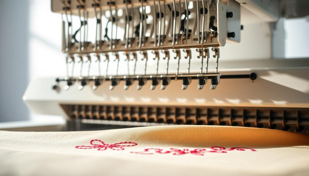 A close-up shot of a modern multi-needle embroidery machine, its intricate mechanisms in full view. The machine is set against a bright, well-lit background, casting subtle shadows that accentuate its mechanical precision. The needles, gleaming and poised, convey a sense of power and efficiency. In the foreground, a swatch of fabric showcases the machine's delicate, intricate stitching, with a variety of thread colors and patterns that demonstrate its versatility. The overall composition emphasizes the machine's technical prowess and its ability to create sophisticated, custom-made embroidery for home use or a small home-based business. A close-up shot of a modern multi-needle embroidery machine, its intricate mechanisms in full view. The machine is set against a bright, well-lit background, casting subtle shadows that accentuate its mechanical precision. The needles, gleaming and poised, convey a sense of power and efficiency. In the foreground, a swatch of fabric showcases the machine's delicate, intricate stitching, with a variety of thread colors and patterns that demonstrate its versatility. The overall composition emphasizes the machine's technical prowess and its ability to create sophisticated, custom-made embroidery for home use or a small home-based business.