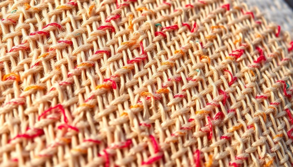 A close-up view of a finely detailed embroidered texture, with intricate stitches and threads in a mix of vibrant colors. The fabric has a soft, woven appearance, with a slight sheen from the metallic threads woven throughout. The lighting is warm and natural, casting gentle shadows that accentuate the depth and dimension of the stitches. The camera angle is slightly elevated, providing a detailed, almost tactile perspective of the textured surface. The overall mood is one of craftsmanship and artistry, showcasing the beauty and complexity of traditional needlework techniques.