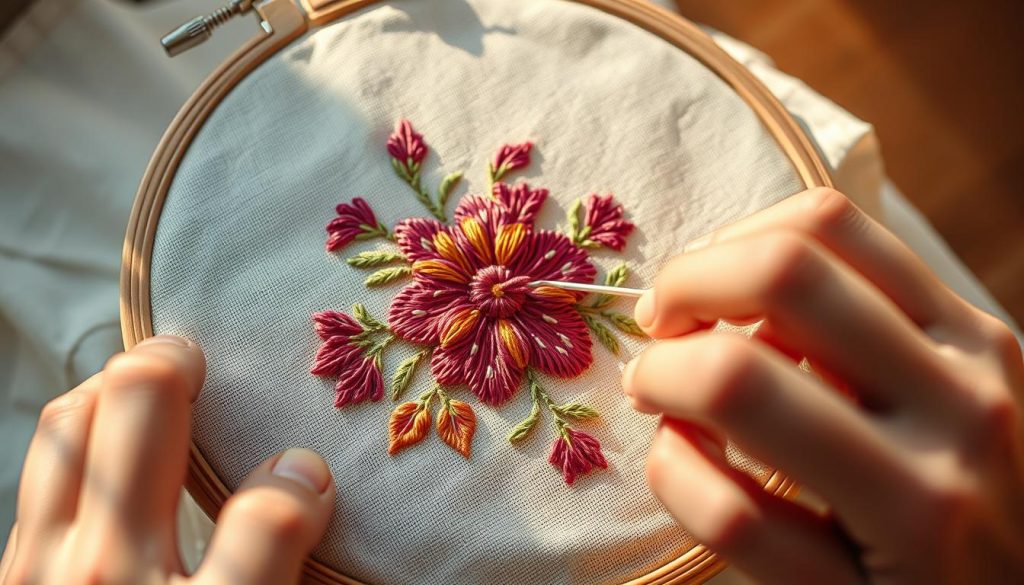 A close-up view of a hand skillfully stitching a vibrant, intricate floral pattern onto a piece of fine fabric. The needlework is delicate and precise, with each stitch carefully placed to create a captivating design. The fabric is held taut in an embroidery hoop, allowing the artist's nimble fingers to work with ease. Soft, warm lighting from an angled source illuminates the scene, casting gentle shadows that accentuate the texture of the thread and the fabric. The background is slightly blurred, allowing the viewer to focus on the intricate, mesmerizing process of hand embroidery. A close-up view of a hand skillfully stitching a vibrant, intricate floral pattern onto a piece of fine fabric. The needlework is delicate and precise, with each stitch carefully placed to create a captivating design. The fabric is held taut in an embroidery hoop, allowing the artist's nimble fingers to work with ease. Soft, warm lighting from an angled source illuminates the scene, casting gentle shadows that accentuate the texture of the thread and the fabric. The background is slightly blurred, allowing the viewer to focus on the intricate, mesmerizing process of hand embroidery.