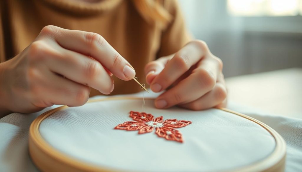 A close-up view of a person's hands carefully guiding a needle and thread through a piece of fabric, demonstrating the basic steps of hand embroidery. The foreground shows the intricate stitching pattern taking shape, while the middle ground reveals the embroidery hoop holding the fabric taut. The background is blurred, focusing the viewer's attention on the delicate, meticulous process. The lighting is soft and even, casting a warm, natural glow on the scene. The overall mood is one of tranquility, concentration, and the joy of creating something by hand.
