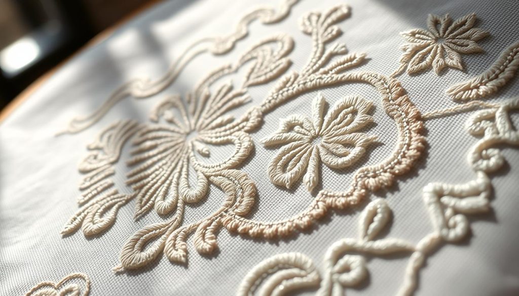 A close-up view of intricate tambour embroidery, showcasing the delicate stitches and intricate patterns. The fabric is illuminated by soft, natural lighting, casting gentle shadows that accentuate the texture and depth of the embroidered design. The camera is positioned at a slight angle, capturing the nuances of the stitching and the interplay between the threads. The background is blurred, allowing the embroidery to be the focal point, drawing the viewer's attention to the skill and artistry of this needle technique. The overall mood is one of quiet elegance and attention to detail, perfectly complementing the section title "Needle techniques, stitching types, and overlap: where they meet". A close-up view of intricate tambour embroidery, showcasing the delicate stitches and intricate patterns. The fabric is illuminated by soft, natural lighting, casting gentle shadows that accentuate the texture and depth of the embroidered design. The camera is positioned at a slight angle, capturing the nuances of the stitching and the interplay between the threads. The background is blurred, allowing the embroidery to be the focal point, drawing the viewer's attention to the skill and artistry of this needle technique. The overall mood is one of quiet elegance and attention to detail, perfectly complementing the section title "Needle techniques, stitching types, and overlap: where they meet".