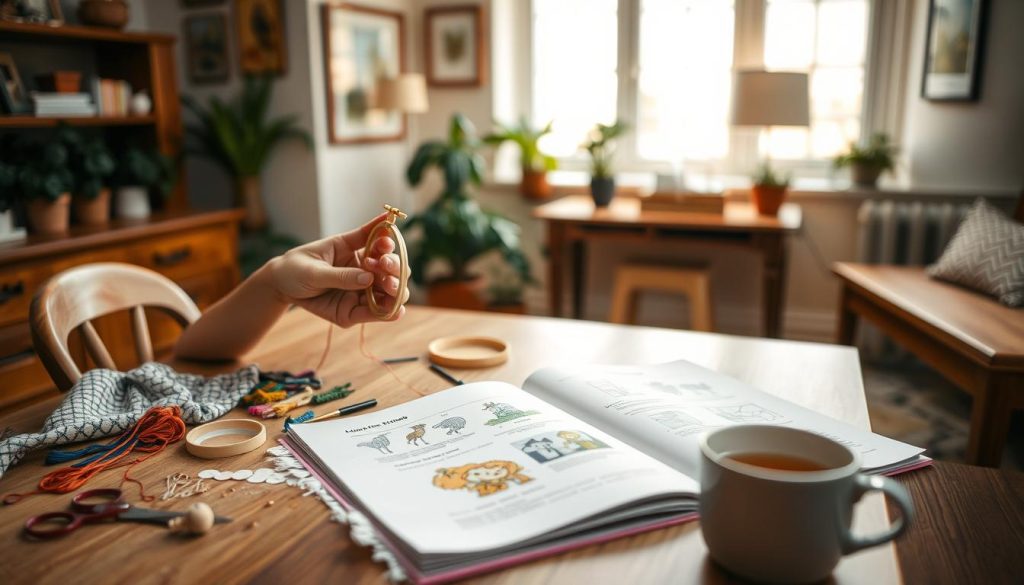A cozy home studio with a large, well-lit desk showcasing the process of learning cross-stitch. In the foreground, a pair of skilled hands carefully manipulating colorful embroidery floss and a small hoop, with scattered needles, scissors, and a patterned fabric. The middle ground features an open book displaying cross-stitch diagrams and techniques, complemented by a mug of soothing tea. The background gently blurs, revealing a warm, inviting atmosphere with potted plants, framed artworks, and a softly illuminated window, conveying a sense of tranquility and focus. A cozy home studio with a large, well-lit desk showcasing the process of learning cross-stitch. In the foreground, a pair of skilled hands carefully manipulating colorful embroidery floss and a small hoop, with scattered needles, scissors, and a patterned fabric. The middle ground features an open book displaying cross-stitch diagrams and techniques, complemented by a mug of soothing tea. The background gently blurs, revealing a warm, inviting atmosphere with potted plants, framed artworks, and a softly illuminated window, conveying a sense of tranquility and focus.