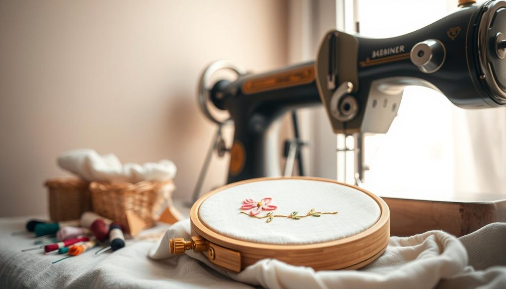 A cozy sewing nook, illuminated by soft, natural lighting filtering through a nearby window. In the foreground, a beginner's embroidery hoop showcases a delicate floral pattern in progress, threads of various colors neatly organized nearby. In the middle ground, a vintage sewing machine stands ready, its intricate mechanics hinting at the creative potential it holds. The background features a serene, neutral-toned wall, inviting the viewer to imagine the tranquil atmosphere of this crafting haven. A cozy sewing nook, illuminated by soft, natural lighting filtering through a nearby window. In the foreground, a beginner's embroidery hoop showcases a delicate floral pattern in progress, threads of various colors neatly organized nearby. In the middle ground, a vintage sewing machine stands ready, its intricate mechanics hinting at the creative potential it holds. The background features a serene, neutral-toned wall, inviting the viewer to imagine the tranquil atmosphere of this crafting haven.