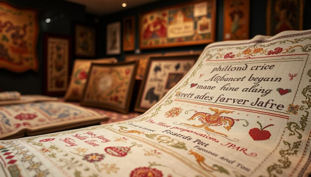 A delicate arrangement of intricate historical samplers, showcasing the exquisite craftsmanship and artistic expression of bygone eras. In the foreground, a beautifully embroidered sampler displaying an array of patterns, textures, and motifs, meticulously stitched with a range of vibrant threads. The middle ground reveals a collection of samplers, each a unique testament to the skill and creativity of their makers, their designs hinting at the rich cultural tapestry that inspired them. In the background, a softly-lit, museum-like setting, allowing the samplers to take center stage, their timeless beauty and historical significance radiating throughout the scene. Soft, warm lighting casts a gentle glow, highlighting the intricate details and the timeless connection between the art of needlework and the evolution of written language. A delicate arrangement of intricate historical samplers, showcasing the exquisite craftsmanship and artistic expression of bygone eras. In the foreground, a beautifully embroidered sampler displaying an array of patterns, textures, and motifs, meticulously stitched with a range of vibrant threads. The middle ground reveals a collection of samplers, each a unique testament to the skill and creativity of their makers, their designs hinting at the rich cultural tapestry that inspired them. In the background, a softly-lit, museum-like setting, allowing the samplers to take center stage, their timeless beauty and historical significance radiating throughout the scene. Soft, warm lighting casts a gentle glow, highlighting the intricate details and the timeless connection between the art of needlework and the evolution of written language.