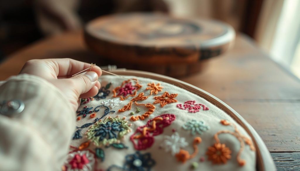 A delicate hand gently guiding the needle, the thread forming intricate patterns on worn fabric. The foreground captures the intricate embroidery process, the stitches weaving a tapestry of colors and textures. In the middle ground, a worn wooden table suggests a humble, homely setting, a testament to the intimate, handcrafted nature of the craft. The background fades into soft, muted tones, creating a sense of timelessness and nostalgia, hinting at the decline of this once-ubiquitous skill. Warm, natural lighting casts a gentle glow, emphasizing the meticulous, labor-intensive nature of this disappearing art form. A delicate hand gently guiding the needle, the thread forming intricate patterns on worn fabric. The foreground captures the intricate embroidery process, the stitches weaving a tapestry of colors and textures. In the middle ground, a worn wooden table suggests a humble, homely setting, a testament to the intimate, handcrafted nature of the craft. The background fades into soft, muted tones, creating a sense of timelessness and nostalgia, hinting at the decline of this once-ubiquitous skill. Warm, natural lighting casts a gentle glow, emphasizing the meticulous, labor-intensive nature of this disappearing art form.