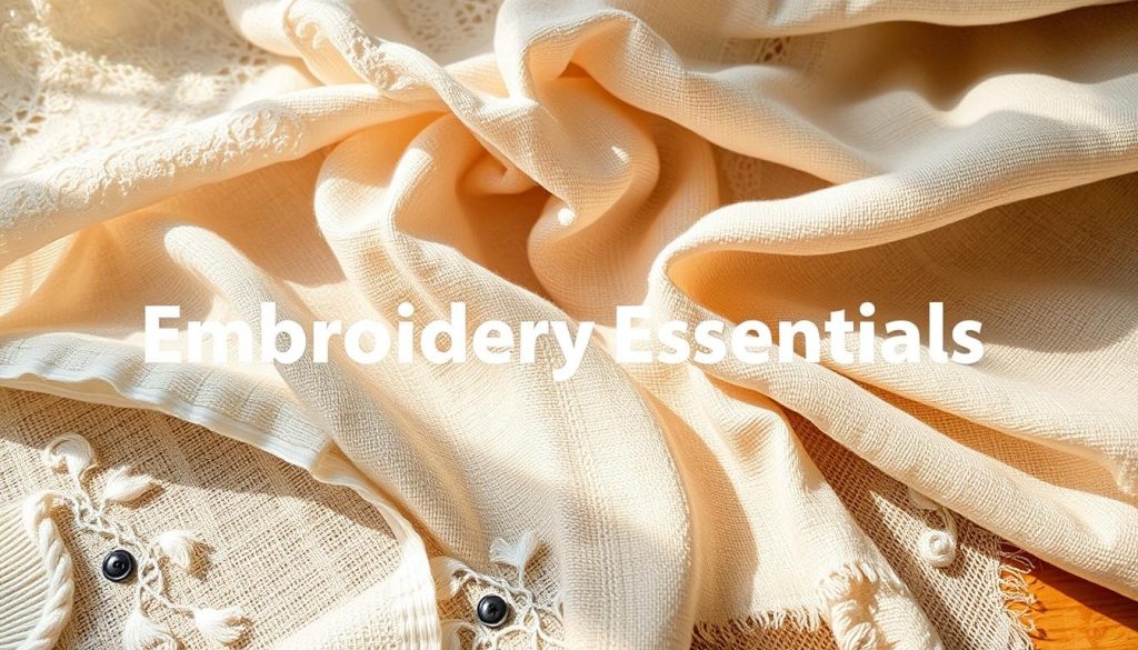 A delicate tapestry of intricate textures, featuring a vibrant array of high-quality cotton, linen, and silk fabrics in a soft, neutral color palette. The fabrics are neatly arranged on a wooden surface, with natural lighting casting a warm, inviting glow. The scene conveys a sense of tranquility, highlighting the essential tools and materials needed to embark on a captivating embroidery journey. The fabrics are displayed with a focus on their unique weaves, patterns, and surfaces, providing a visually striking and inspirational backdrop for the "Embroidery Essentials" section of the article.