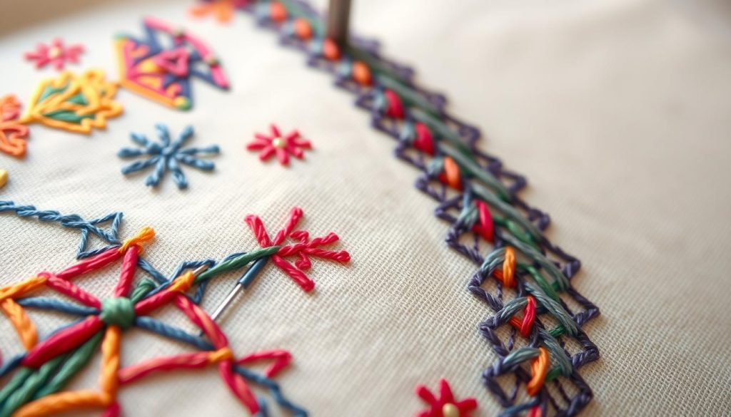 A detailed, high-quality machine embroidery closeup, focused on intricate thread patterns and textures. The foreground features vibrant thread colors in a complex geometric design, with the midground showcasing the precision stitching and the embroidered fabric's soft, delicate nature. The background is a softly blurred, neutral tone that allows the embroidery to take center stage. Warm, natural lighting casts a gentle glow, highlighting the depth and dimensionality of the embroidered elements. Shot with a macro lens to capture the finest details, this image conveys the skilled craftsmanship and artistry of professional-grade machine embroidery.