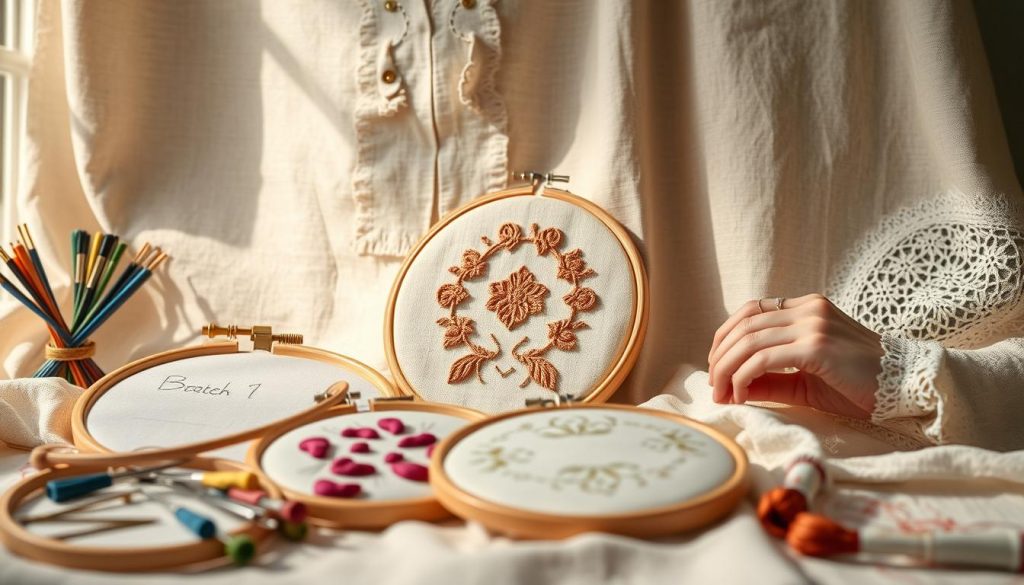 A detailed showcase of diverse embroidery techniques against a soft, textured fabric background. In the foreground, a selection of embroidery hoops, needles, and colorful threads are artfully arranged. The middle ground features hands delicately stitching various patterns, such as cross-stitch, satin stitch, and French knots, onto a range of challenging fabrics like satin, velvet, and lace. The background depicts a well-lit studio setting, with natural light filtering in and casting subtle shadows, creating a serene and inspiring atmosphere for the intricate needlework.