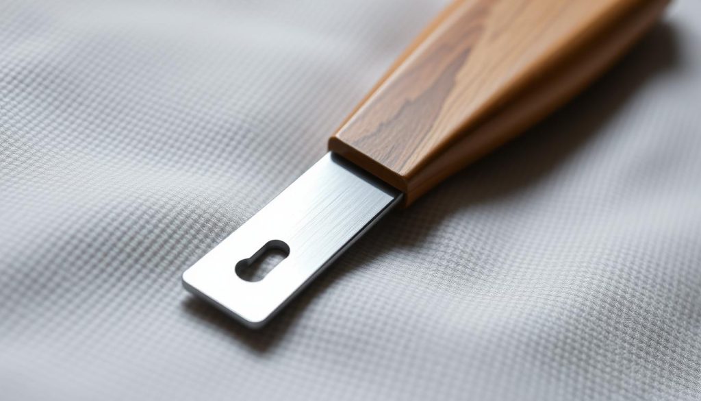 A gleaming, high-quality seam ripper resting on a neutral, textured surface. The ripper's sharp, stainless steel blade is visible, reflecting the studio lighting. The ripper's ergonomic, wooden handle is prominently displayed, showcasing its craftsmanship. The image is captured from a slightly elevated, angled perspective, emphasizing the tool's sleek design and utility. The lighting is soft and diffused, creating subtle shadows that add depth and dimension to the scene. The overall mood is one of precision, functionality, and the importance of the right tools for delicate fabric work. A gleaming, high-quality seam ripper resting on a neutral, textured surface. The ripper's sharp, stainless steel blade is visible, reflecting the studio lighting. The ripper's ergonomic, wooden handle is prominently displayed, showcasing its craftsmanship. The image is captured from a slightly elevated, angled perspective, emphasizing the tool's sleek design and utility. The lighting is soft and diffused, creating subtle shadows that add depth and dimension to the scene. The overall mood is one of precision, functionality, and the importance of the right tools for delicate fabric work.