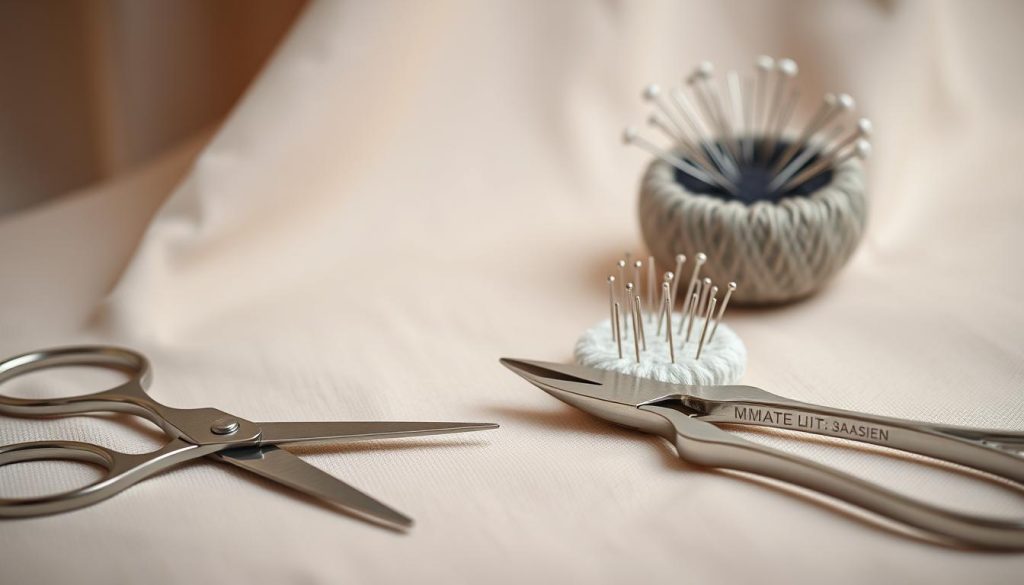 A meticulously arranged still life capturing the essential tools for safe embroidery removal. In the foreground, a pair of sharp, precision scissors with finely-honed blades, ready to delicately cut away threads. Alongside, a small, slender seam ripper with a sharp point, its ergonomic handle enabling careful unpicking. In the middle ground, a magnetic pin cushion holds an assortment of fine needles in varying sizes, their sharp tips poised to navigate intricate stitches. In the background, a soft, well-lit workspace with a neutral-toned fabric backdrop, creating a serene, focused atmosphere for the delicate task at hand. A meticulously arranged still life capturing the essential tools for safe embroidery removal. In the foreground, a pair of sharp, precision scissors with finely-honed blades, ready to delicately cut away threads. Alongside, a small, slender seam ripper with a sharp point, its ergonomic handle enabling careful unpicking. In the middle ground, a magnetic pin cushion holds an assortment of fine needles in varying sizes, their sharp tips poised to navigate intricate stitches. In the background, a soft, well-lit workspace with a neutral-toned fabric backdrop, creating a serene, focused atmosphere for the delicate task at hand.