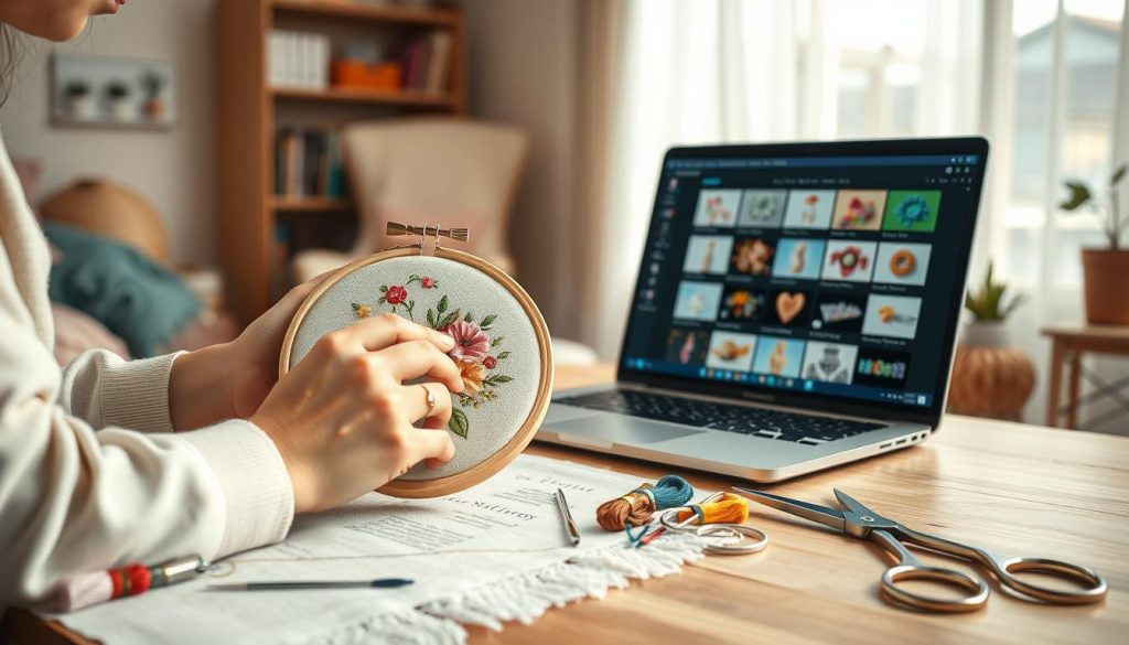 A meticulously crafted online embroidery scene, showcasing a vibrant and welcoming digital workspace. In the foreground, a nimble-fingered artisan delicately stitches a colorful floral pattern, their hands guiding the embroidery hoop with precision. Surrounding them, an array of embroidery supplies, including spools of thread, needles, and a pair of sharp scissors, all arranged neatly on a wooden desktop. In the middle ground, a sleek laptop displays an array of embroidery patterns and tutorials, inviting the viewer to explore the endless possibilities of this craft. The background features a cozy, well-lit room, with soft natural lighting filtering through sheer curtains, creating a serene and inspiring atmosphere. The overall scene conveys a sense of creativity, focus, and the boundless potential of online embroidery. A meticulously crafted online embroidery scene, showcasing a vibrant and welcoming digital workspace. In the foreground, a nimble-fingered artisan delicately stitches a colorful floral pattern, their hands guiding the embroidery hoop with precision. Surrounding them, an array of embroidery supplies, including spools of thread, needles, and a pair of sharp scissors, all arranged neatly on a wooden desktop. In the middle ground, a sleek laptop displays an array of embroidery patterns and tutorials, inviting the viewer to explore the endless possibilities of this craft. The background features a cozy, well-lit room, with soft natural lighting filtering through sheer curtains, creating a serene and inspiring atmosphere. The overall scene conveys a sense of creativity, focus, and the boundless potential of online embroidery.