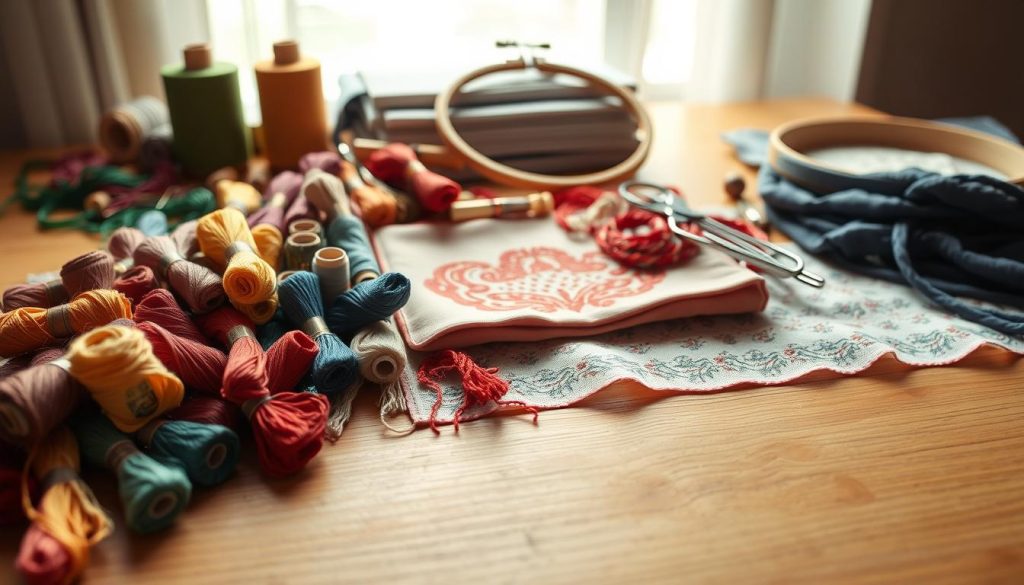 A neatly arranged assortment of embroidery threads, fabrics, and accessories on a well-lit wooden table. The foreground showcases an array of colorful spools of thread in various hues, textures, and thicknesses, while the middle ground displays a selection of fabric swatches with intricate embroidered patterns. In the background, a few essential embroidery tools, such as a hoop, needle, and scissors, are subtly positioned to create a cohesive composition. The lighting is soft and natural, casting gentle shadows and highlights to emphasize the tactile and artistic qualities of the embroidery materials. The overall mood is one of creativity, inspiration, and the endless possibilities of this timeless craft. A neatly arranged assortment of embroidery threads, fabrics, and accessories on a well-lit wooden table. The foreground showcases an array of colorful spools of thread in various hues, textures, and thicknesses, while the middle ground displays a selection of fabric swatches with intricate embroidered patterns. In the background, a few essential embroidery tools, such as a hoop, needle, and scissors, are subtly positioned to create a cohesive composition. The lighting is soft and natural, casting gentle shadows and highlights to emphasize the tactile and artistic qualities of the embroidery materials. The overall mood is one of creativity, inspiration, and the endless possibilities of this timeless craft.