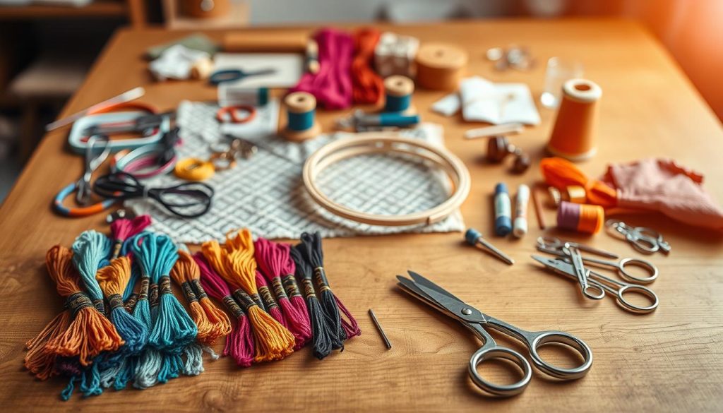 A neatly organized arrangement of essential embroidery supplies on a wooden table, bathed in warm, diffused lighting. In the foreground, an array of colorful embroidery floss, needles, and scissors, artfully displayed. The middle ground features a set of embroidery hoops and a patterned fabric swatch, hinting at the creative possibilities. In the background, a collection of spools, bobbins, and other small tools, evoking a sense of a well-equipped workspace. The overall composition conveys a harmonious and inviting atmosphere, perfect for a beginner's introduction to the craft of embroidery. A neatly organized arrangement of essential embroidery supplies on a wooden table, bathed in warm, diffused lighting. In the foreground, an array of colorful embroidery floss, needles, and scissors, artfully displayed. The middle ground features a set of embroidery hoops and a patterned fabric swatch, hinting at the creative possibilities. In the background, a collection of spools, bobbins, and other small tools, evoking a sense of a well-equipped workspace. The overall composition conveys a harmonious and inviting atmosphere, perfect for a beginner's introduction to the craft of embroidery.