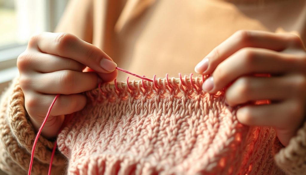 A person's hands carefully interlacing vibrant embroidery thread into a delicate knitted pattern. The foreground focuses on the intricate stitching technique, with the thread flowing gracefully between the needles. In the middle ground, a partially completed knitted fabric emerges, showcasing the unique texture and visual interest created by combining the two fiber arts. The background is softly blurred, allowing the viewer to concentrate on the captivating process. Warm, natural lighting casts gentle shadows, highlighting the skilled manipulation of the materials. The overall scene conveys a sense of tranquility, creativity, and the exploration of innovative textile possibilities. A person's hands carefully interlacing vibrant embroidery thread into a delicate knitted pattern. The foreground focuses on the intricate stitching technique, with the thread flowing gracefully between the needles. In the middle ground, a partially completed knitted fabric emerges, showcasing the unique texture and visual interest created by combining the two fiber arts. The background is softly blurred, allowing the viewer to concentrate on the captivating process. Warm, natural lighting casts gentle shadows, highlighting the skilled manipulation of the materials. The overall scene conveys a sense of tranquility, creativity, and the exploration of innovative textile possibilities.