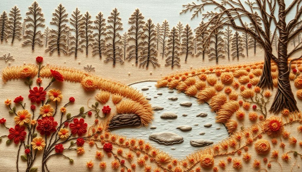 A serene and intricate embroidered landscape, showcasing the beauty of self-expression. In the foreground, delicate stitches form vibrant flowers and vines, meticulously crafted with a range of warm, earthy tones. The middle ground features a tranquil stream, its waters gently flowing through the scene, reflected in the soft, muted hues of the embroidered banks. In the background, a hazy, dreamlike forest emerges, its trees and foliage rendered in intricate, thread-like textures, creating a sense of depth and mystery. The overall composition is bathed in a warm, diffused lighting, casting a contemplative and introspective mood, inviting the viewer to explore the emotional depth and personal expression embodied in this captivating embroidered art.