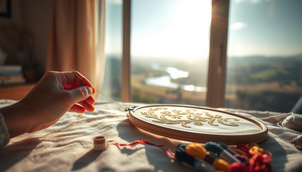 A serene embroidery scene, illuminated by soft, natural lighting filtering through a window. In the foreground, delicate hands carefully guide a needle, stitching intricate patterns onto a fabric canvas. The middle ground features an array of colorful embroidery floss, spools, and a hoop, inviting the viewer to join in the meditative process. In the background, a tranquil landscape unfolds, with rolling hills and a peaceful river, evoking a sense of calm and mindfulness. The overall atmosphere is one of focused concentration, attention to detail, and the therapeutic power of the creative act.