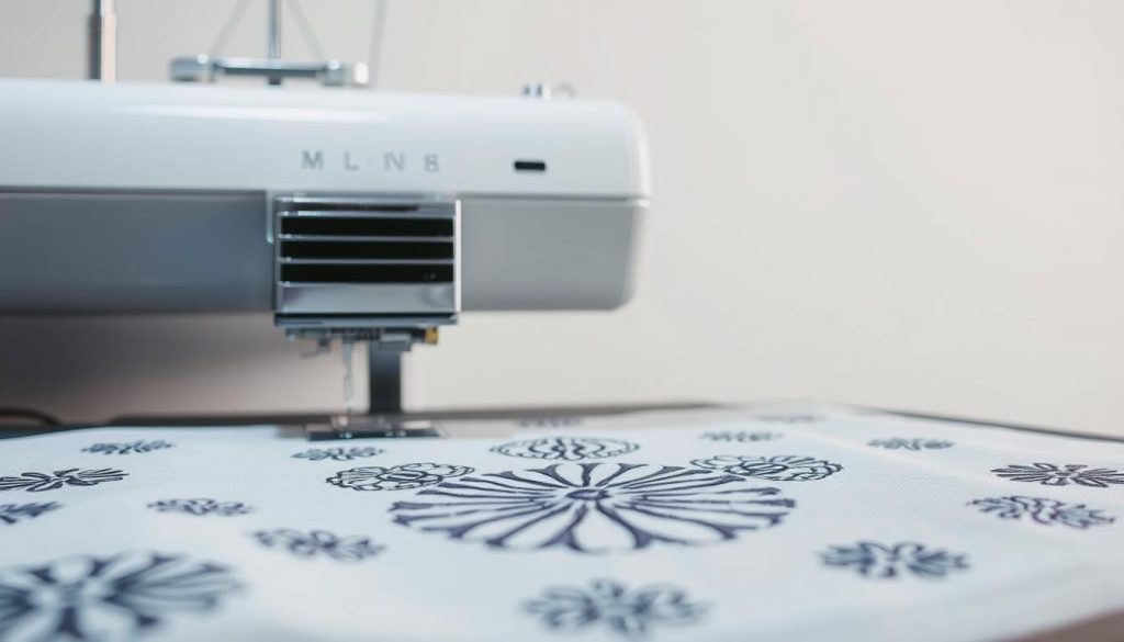 A single-needle embroidery machine, its slender needle gliding gracefully over a delicate fabric. The foreground showcases the intricate stitches forming captivating patterns, each one a testament to the artistry and precision of the embroiderer. The middle ground reveals the machine's elegant, minimalist design, its chrome accents gleaming under soft, diffused lighting. In the background, a serene, neutral-toned environment sets the stage, allowing the embroidery work to take center stage. The overall scene conveys a sense of tranquility, focused craftsmanship, and the timeless allure of this specialized sewing technique. A single-needle embroidery machine, its slender needle gliding gracefully over a delicate fabric. The foreground showcases the intricate stitches forming captivating patterns, each one a testament to the artistry and precision of the embroiderer. The middle ground reveals the machine's elegant, minimalist design, its chrome accents gleaming under soft, diffused lighting. In the background, a serene, neutral-toned environment sets the stage, allowing the embroidery work to take center stage. The overall scene conveys a sense of tranquility, focused craftsmanship, and the timeless allure of this specialized sewing technique.