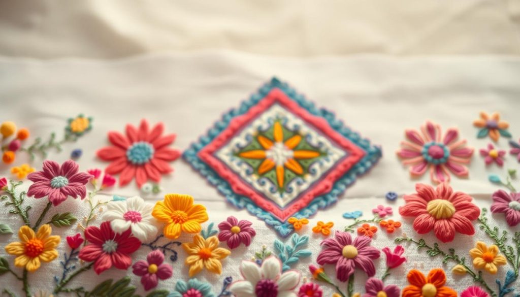 A vibrant collection of intricate embroidery patterns unfolds before the viewer. In the foreground, delicate floral motifs in a symphony of colors dance across the fabric, inviting the eye to explore their intricate stitches. In the middle ground, geometric designs in bold hues create a captivating contrast, their sharp lines and angles complementing the organic shapes. The background subtly fades into a soft, neutral tone, allowing the patterns to take center stage. Warm, natural lighting casts a gentle glow, emphasizing the textures and depth of the embroidered elements. The overall composition exudes a sense of artistic sophistication, seamlessly blending tradition and modernity, inspiring the viewer to unlock the transformative power of embroidery patterns.
