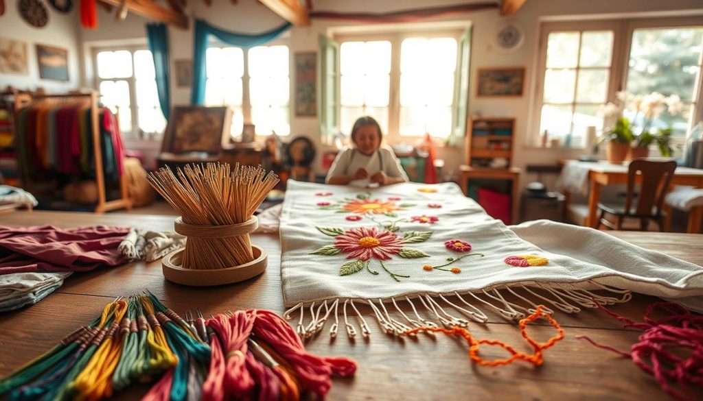 A vibrant embroidery studio with colorful threads, needles, and fabric samples on a wooden table in the foreground. In the middle ground, a skilled artisan's hands carefully stitching an intricate floral pattern onto a delicate textile. The background showcases a warm, inviting atmosphere with natural light streaming through large windows, illuminating the process and highlighting the rich textures and hues of the materials. The scene conveys a sense of tradition, skill, and the enduring beauty of the embroidery craft, despite the modern challenges it faces. A vibrant embroidery studio with colorful threads, needles, and fabric samples on a wooden table in the foreground. In the middle ground, a skilled artisan's hands carefully stitching an intricate floral pattern onto a delicate textile. The background showcases a warm, inviting atmosphere with natural light streaming through large windows, illuminating the process and highlighting the rich textures and hues of the materials. The scene conveys a sense of tradition, skill, and the enduring beauty of the embroidery craft, despite the modern challenges it faces.