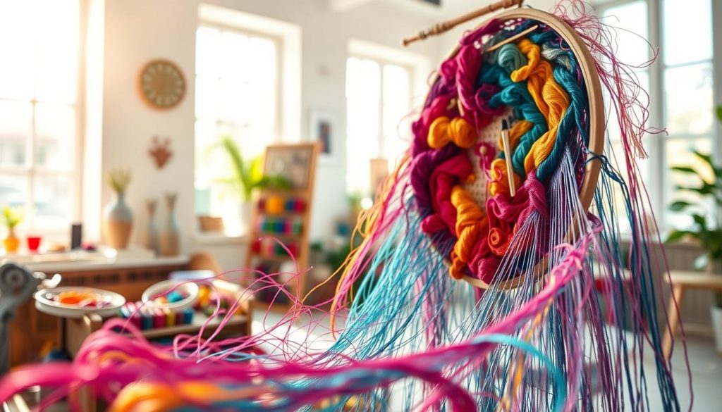 A vibrant scene of freestyle embroidery, illuminated by soft natural light. In the foreground, a delicate tapestry unfurls, its intricate threads weaving an abstract pattern of rich, jewel-toned hues. The middle ground showcases an array of colorful embroidery floss, spools, and needles, hinting at the creative process behind this artform. The background is a serene, airy studio space, with large windows casting a warm glow and a sense of tranquility. The overall atmosphere conveys the boundless possibilities and tactile joy of this traditional textile technique, reimagined through a modern, expressive lens. A vibrant scene of freestyle embroidery, illuminated by soft natural light. In the foreground, a delicate tapestry unfurls, its intricate threads weaving an abstract pattern of rich, jewel-toned hues. The middle ground showcases an array of colorful embroidery floss, spools, and needles, hinting at the creative process behind this artform. The background is a serene, airy studio space, with large windows casting a warm glow and a sense of tranquility. The overall atmosphere conveys the boundless possibilities and tactile joy of this traditional textile technique, reimagined through a modern, expressive lens.
