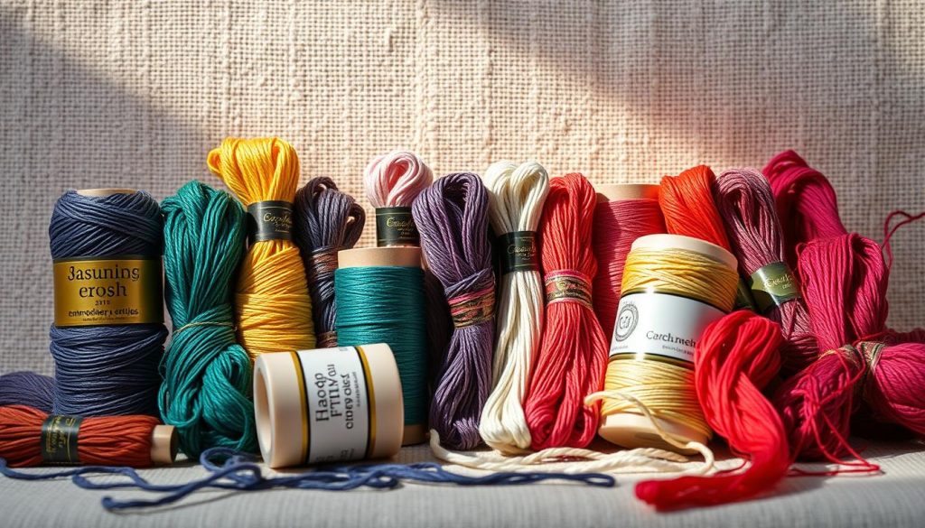 A vibrant still life showcasing an assortment of embroidery floss brands, arranged artfully on a textured, neutral-toned background. The spools of thread in a variety of vivid hues and textures are lit from the side, casting soft shadows and highlighting the intricate patterns and sheen of the fibers. The composition emphasizes the diversity of the brands, with each spool positioned to create a harmonious, visually appealing display. The overall mood is one of craftsmanship, quality, and the celebration of the art of embroidery. A vibrant still life showcasing an assortment of embroidery floss brands, arranged artfully on a textured, neutral-toned background. The spools of thread in a variety of vivid hues and textures are lit from the side, casting soft shadows and highlighting the intricate patterns and sheen of the fibers. The composition emphasizes the diversity of the brands, with each spool positioned to create a harmonious, visually appealing display. The overall mood is one of craftsmanship, quality, and the celebration of the art of embroidery.