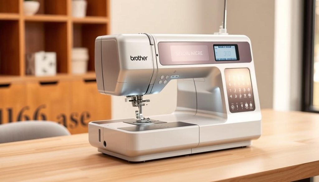A well-lit, high-quality photograph of a Brother SE2000 embroidery machine, resting on a clean, wooden desktop. The machine is centered in the frame, showcasing its sleek, modern design with a satin-chrome exterior and a large, backlit LCD display. The lighting is soft and natural, accentuating the machine's curves and angles. The background is blurred, creating a sense of depth and focus on the embroidery machine as the clear subject. The overall mood is one of professionalism and precision, highlighting the machine's capabilities as a top pick for home use. A well-lit, high-quality photograph of a Brother SE2000 embroidery machine, resting on a clean, wooden desktop. The machine is centered in the frame, showcasing its sleek, modern design with a satin-chrome exterior and a large, backlit LCD display. The lighting is soft and natural, accentuating the machine's curves and angles. The background is blurred, creating a sense of depth and focus on the embroidery machine as the clear subject. The overall mood is one of professionalism and precision, highlighting the machine's capabilities as a top pick for home use.