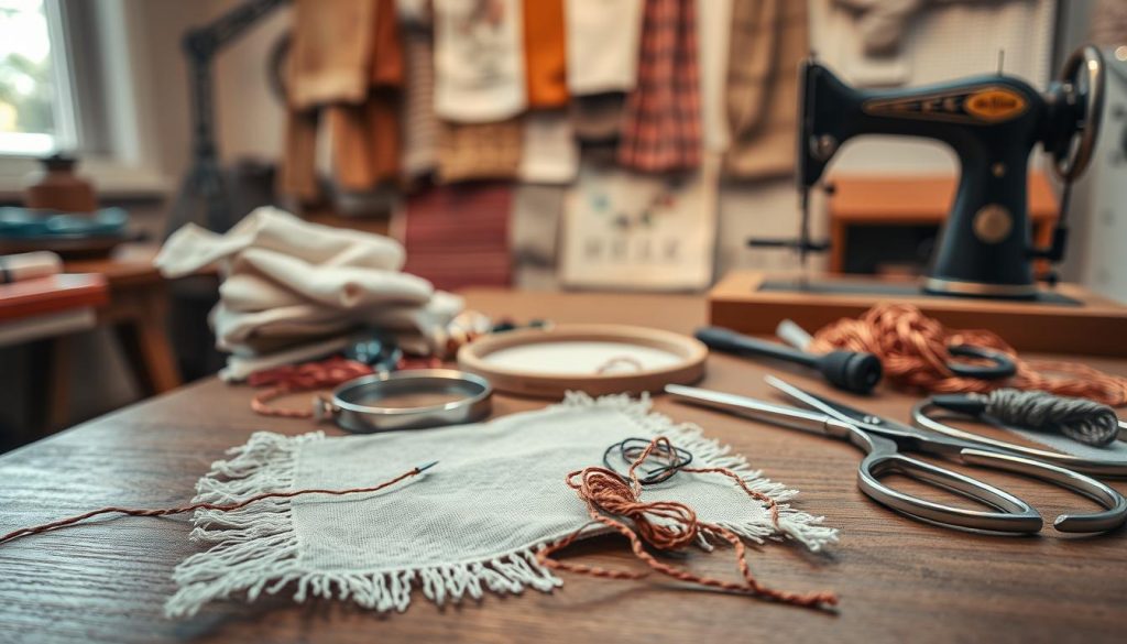 A well-lit studio scene showcasing a collection of embroidery tools and materials laid out on a wooden table. In the foreground, a partially embroidered fabric swatch, a needle, and a tangle of threads in various colors. In the middle ground, a magnifying glass, a pair of scissors, and a small embroidery hoop. In the background, a vintage sewing machine and a display of different fabric swatches, each exhibiting unique textures and weaves. The overall atmosphere is one of thoughtful problem-solving, with a warm, inviting lighting that highlights the intricate details of the embroidery process.