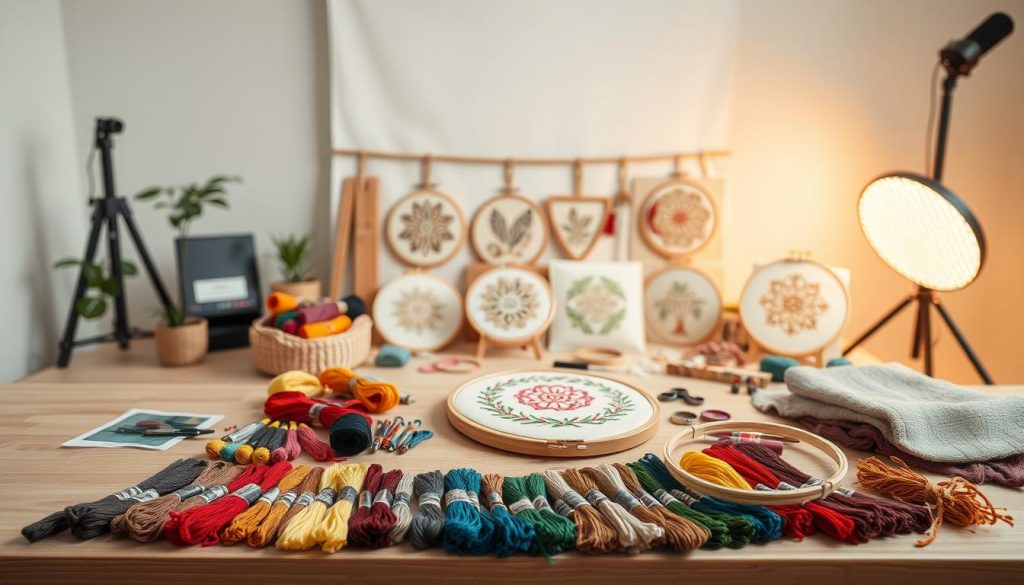 A well-lit studio scene showcasing an assortment of embroidery and needlepoint starter kits. In the foreground, an array of vibrant thread skeins, embroidery hoops, and sewing tools are neatly arranged on a clean, minimalist wooden surface. In the middle ground, several finished kits are displayed, showcasing intricate patterns and textures. The background features a neutral, softly diffused lighting setup that casts a warm, inviting glow over the scene. The overall composition emphasizes the details, materials, and craftsmanship of these beginner-friendly projects, conveying a sense of creativity, focus, and aesthetic sensibility.