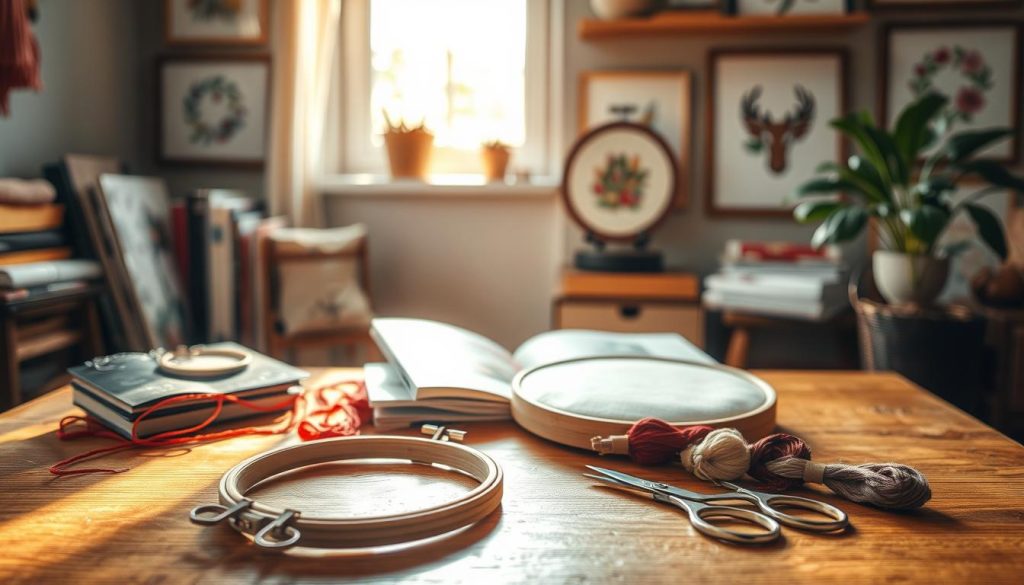 An intimate, cozy scene of embroidery tutorials presented in a warm, inviting manner. A wooden table in the foreground is adorned with an open embroidery hoop, colorful skeins of thread, and a pair of delicate scissors. In the middle ground, a soft-focus, natural light streams in from a nearby window, illuminating the materials and casting a gentle glow. The background features a collection of textile-related books, framed embroidered pieces, and a potted plant, creating a harmonious, inspirational setting for the viewer to immerse themselves in the art of embroidery. An intimate, cozy scene of embroidery tutorials presented in a warm, inviting manner. A wooden table in the foreground is adorned with an open embroidery hoop, colorful skeins of thread, and a pair of delicate scissors. In the middle ground, a soft-focus, natural light streams in from a nearby window, illuminating the materials and casting a gentle glow. The background features a collection of textile-related books, framed embroidered pieces, and a potted plant, creating a harmonious, inspirational setting for the viewer to immerse themselves in the art of embroidery.