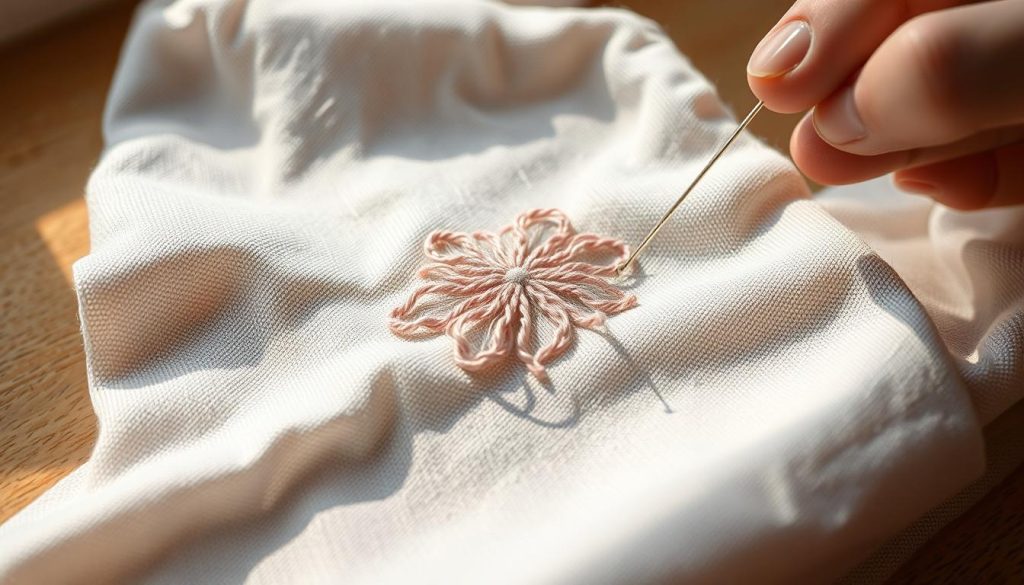 Delicate fabric embroidery removal: a close-up view of intricate stitches being carefully unpicked from a soft, textured garment material. The scene is illuminated by warm, diffused natural lighting, casting subtle shadows that accentuate the fabric's nuanced surface. The camera angle is slightly elevated, allowing the viewer to observe the meticulous process of separating the embroidered design from the underlying cloth with precision and care. The overall mood is one of delicacy, focus, and the preservation of the fabric's integrity. Delicate fabric embroidery removal: a close-up view of intricate stitches being carefully unpicked from a soft, textured garment material. The scene is illuminated by warm, diffused natural lighting, casting subtle shadows that accentuate the fabric's nuanced surface. The camera angle is slightly elevated, allowing the viewer to observe the meticulous process of separating the embroidered design from the underlying cloth with precision and care. The overall mood is one of delicacy, focus, and the preservation of the fabric's integrity.