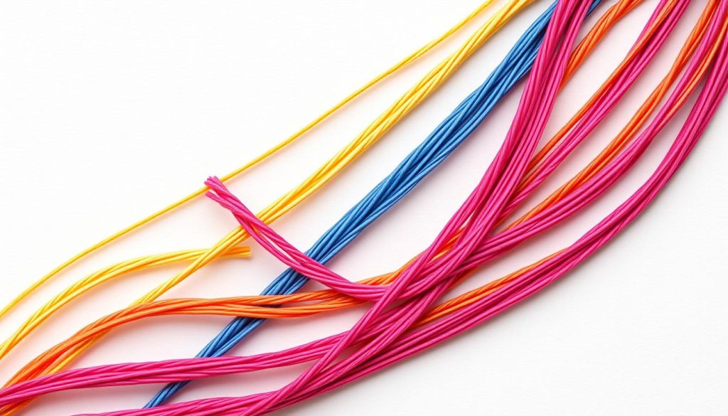 Detailed close-up view of vibrant color-matched embroidery floss, arranged in neat parallel strands against a crisp white background. Threads display a range of saturated hues from a vivid palette, showcasing the depth and richness of the colors. Soft, even lighting captures the delicate texture and sheen of the fibers, highlighting their high quality and colorfastness. The arrangement conveys a sense of order, precision, and the care taken in color selection and presentation. The overall scene evokes a mood of refined elegance and meticulous craftsmanship suitable for an article on premium embroidery supplies. Detailed close-up view of vibrant color-matched embroidery floss, arranged in neat parallel strands against a crisp white background. Threads display a range of saturated hues from a vivid palette, showcasing the depth and richness of the colors. Soft, even lighting captures the delicate texture and sheen of the fibers, highlighting their high quality and colorfastness. The arrangement conveys a sense of order, precision, and the care taken in color selection and presentation. The overall scene evokes a mood of refined elegance and meticulous craftsmanship suitable for an article on premium embroidery supplies.