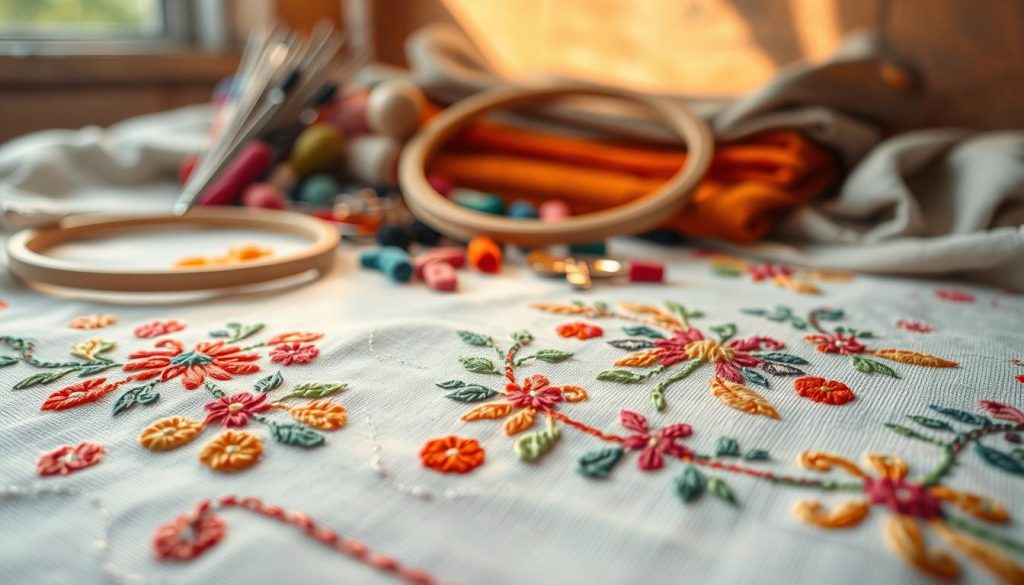 Detailed embroidered fabric in the foreground, showcasing intricate stitching patterns and vibrant colors. In the middle ground, an array of embroidery tools and materials - needles, threads, hoops, and fabrics. The background softly blurred, setting a tranquil, textile-focused atmosphere. Warm, natural lighting illuminates the delicate textures, highlighting the artistry and craftsmanship of the embroidery. The overall composition emphasizes the beauty, versatility, and creative potential of this textile art form. Detailed embroidered fabric in the foreground, showcasing intricate stitching patterns and vibrant colors. In the middle ground, an array of embroidery tools and materials - needles, threads, hoops, and fabrics. The background softly blurred, setting a tranquil, textile-focused atmosphere. Warm, natural lighting illuminates the delicate textures, highlighting the artistry and craftsmanship of the embroidery. The overall composition emphasizes the beauty, versatility, and creative potential of this textile art form.