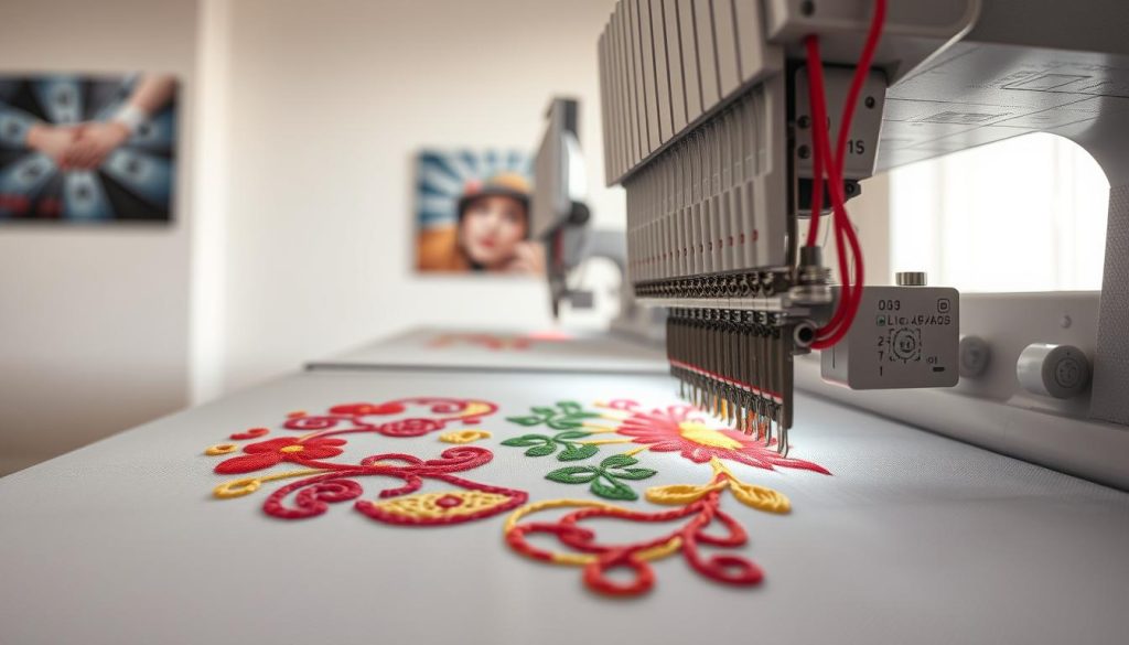 a highly detailed, hyper-realistic digital illustration of machine embroidery, focused on the intricate stitching and thread patterns. The foreground features a close-up view of the embroidery machine in action, capturing the precise movements of the needle and the delicate interplay of threads in vibrant colors. The middle ground showcases a partially completed embroidered design, revealing the skilled craftsmanship and attention to detail. The background depicts a minimalist studio setting with soft, diffused lighting, allowing the embroidery to take center stage. The overall mood is one of technical precision, artistic expression, and the beauty of handcrafted textile work.
