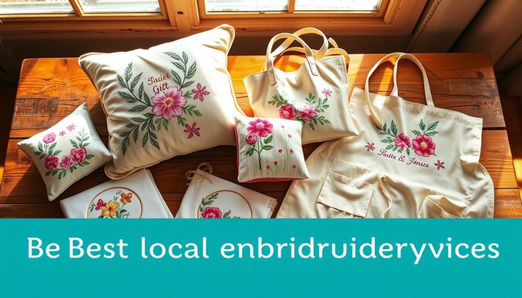 A beautifully crafted collection of embroidered gifts lies artfully arranged on a rustic wooden table, basking in warm, natural lighting. Delicate floral patterns adorn a variety of items, including a plush throw pillow, a charming tote bag, and a meticulously stitched linen apron. The embroidery work showcases intricate details and vibrant colors, creating a visually stunning display that captivates the viewer. The overall atmosphere exudes a sense of craftsmanship, attention to detail, and the charm of handmade treasures, perfectly complementing the article's focus on the best local embroidery services.