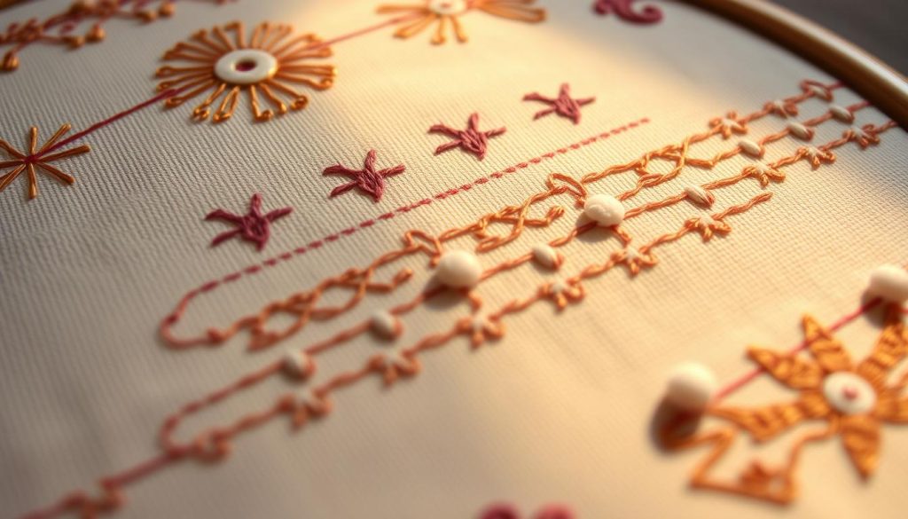 A close-up shot of various embroidery stitches on a delicate fabric surface. The stitches feature intricate patterns and textures, showcasing techniques like backstitch, satin stitch, and French knots. The fabric has a soft, muted tone that complements the detailed needlework. Warm, diffused lighting from an angle illuminates the dimensional quality of the stitches, creating shadows and highlights that accentuate their intricate structure. The composition focuses on the foreground, with a blurred, out-of-focus background to emphasize the stitches. The overall mood is one of precision, craftsmanship, and the beauty of handmade textile art. A close-up shot of various embroidery stitches on a delicate fabric surface. The stitches feature intricate patterns and textures, showcasing techniques like backstitch, satin stitch, and French knots. The fabric has a soft, muted tone that complements the detailed needlework. Warm, diffused lighting from an angle illuminates the dimensional quality of the stitches, creating shadows and highlights that accentuate their intricate structure. The composition focuses on the foreground, with a blurred, out-of-focus background to emphasize the stitches. The overall mood is one of precision, craftsmanship, and the beauty of handmade textile art.