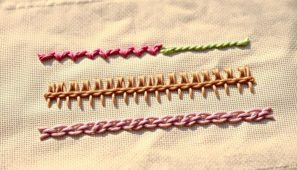 A close-up view of several common embroidery stitches, including running stitch, backstitch, satin stitch, and chain stitch. The stitches are neatly arranged on a soft, natural-colored fabric, with the threads in various complementary hues. The lighting is warm and diffused, casting gentle shadows that accentuate the texture and depth of the stitches. The camera angle is slightly elevated, allowing the viewer to appreciate the intricate patterns and the rhythmic flow of the stitching. The overall mood is one of simplicity, craftsmanship, and the connection between the art of embroidery and the art of language.