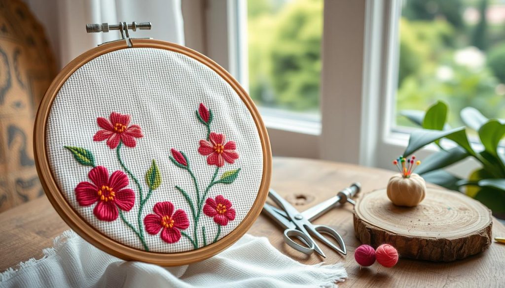 A cozy and inviting needlepoint setup for beginners. In the foreground, a wooden embroidery hoop holds a partially completed needlepoint canvas with vibrant floral patterns. Soft, diffused lighting illuminates the textured fabric, casting gentle shadows. In the middle ground, a set of high-quality needlepoint tools - sharp scissors, a needle with colorful threads, and a pincushion - are neatly arranged on a rustic wooden table. The background features a serene, out-of-focus scene, perhaps a window overlooking a tranquil garden, suggesting a peaceful, relaxing atmosphere for this beginner-friendly craft.