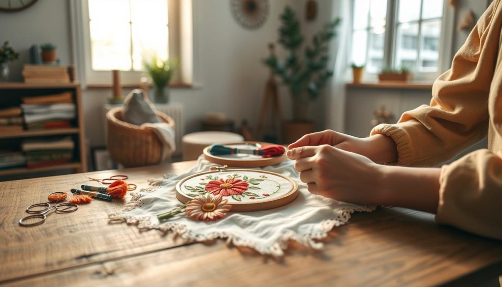 A cozy, well-lit studio setting showcasing the intricate art of embroidery. In the foreground, a pair of hands carefully stitching a vibrant floral pattern onto a delicate fabric. The middle ground features an array of colorful embroidery threads, needles, and a small embroidery hoop, all resting on a rustic wooden table. In the background, soft natural light filters through a large window, casting a warm glow over the scene. The overall atmosphere exudes a sense of tranquility and the timeless elegance of this traditional textile technique.