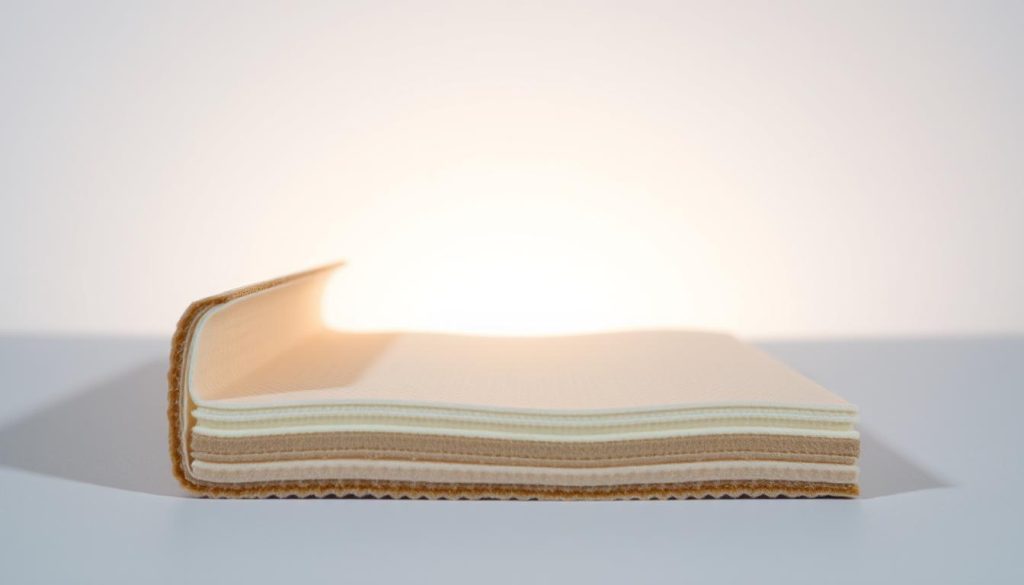 A cut-away view of a stabilizer, showcasing its internal structure and layers. The foreground depicts the stabilizer's cross-section, revealing its intricate composition, with distinct strata of fabric, adhesive, and backing materials. The middle ground highlights the stabilizer's flexibility and durability, with subtle textures and patterns. The background adopts a clean, minimalist aesthetic, allowing the stabilizer's details to take center stage. The lighting is soft and diffused, casting gentle shadows that accentuate the stabilizer's depth and dimensions. The camera angle is slightly elevated, providing an engaging, almost architectural perspective on the stabilizer's design and functionality.