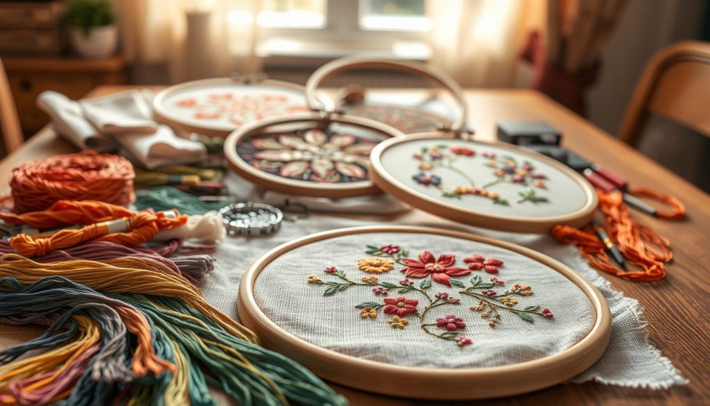 A delicate collection of embroidery hoops, threads, and fabric samples arranged on a wooden table. The foreground features an array of vibrant colored embroidery floss in various thicknesses, alongside a partially completed floral pattern on a beige linen canvas. In the middle ground, several embroidery hoops display different stitching techniques, from intricate cross-stitches to flowing satin stitches. The background is softly blurred, suggesting a cozy, inviting workspace filled with inspiration and creativity. Warm, natural lighting casts a gentle glow, highlighting the textures and colors of the embroidery materials. The overall scene conveys a sense of craftsmanship, creativity, and the endless possibilities of embroidery projects.