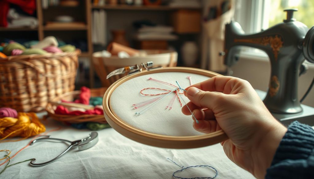A delicate embroidery hoop holds a vibrant array of colorful threads, needles, and scissors in the foreground. In the middle ground, a hand expertly weaves intricate stitches, guiding the thread through the fabric with precision. The background showcases a cozy, well-lit sewing room, with a vintage sewing machine, a basket of fabric scraps, and a window that allows natural light to softly illuminate the scene. The mood is one of focused, creative concentration, inviting the viewer to dive into the art of embroidery and discover the practical tips, troubleshooting, and time-saving tricks within.