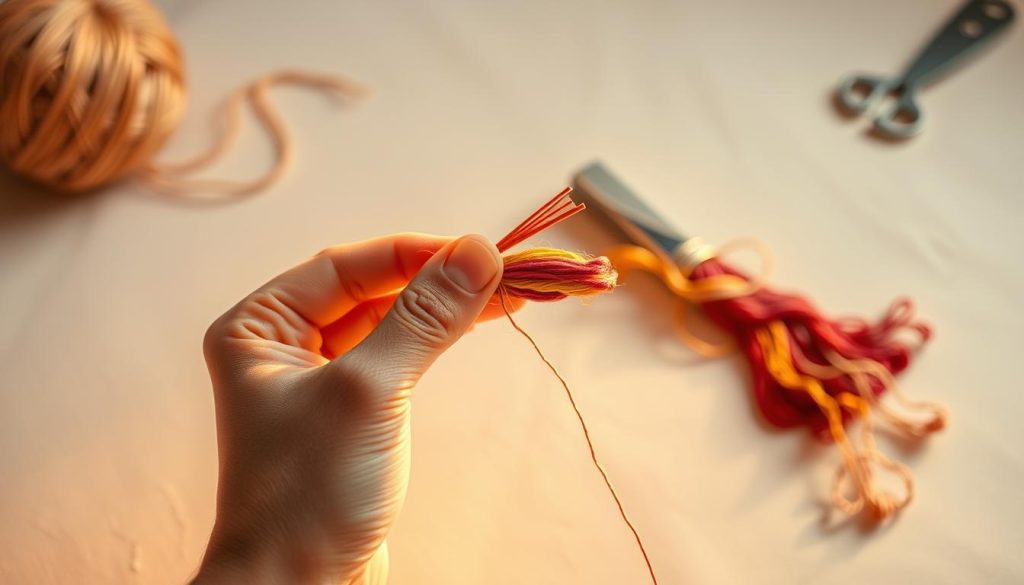A delicate hand holding a bundle of colorful embroidery floss, carefully separating the strands with precision. The floss is illuminated by warm, soft lighting, creating a serene, intimate atmosphere. The background is a clean, neutral surface, allowing the focus to remain on the intricate task at hand. The image captures the mindful, meticulous process of preparing the materials for an embroidery project, showcasing the patience and attention to detail required for this traditional needlework technique.