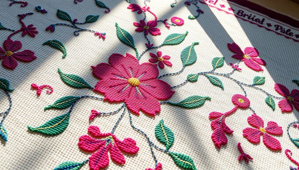 A detailed cross-stitch design taking up the entire frame, rendered in vibrant, jewel-toned colors. The cross-stitched pattern features a delicate floral motif, with intricate petals and leaves woven together in a harmonious composition. The stitches are clearly visible, showcasing the meticulous handiwork. The scene is illuminated by a warm, natural light, casting a gentle glow and casting shadows that accentuate the texture of the fabric. The image is captured from a slightly elevated angle, giving a sense of depth and allowing the viewer to fully appreciate the intricate details of the craft.