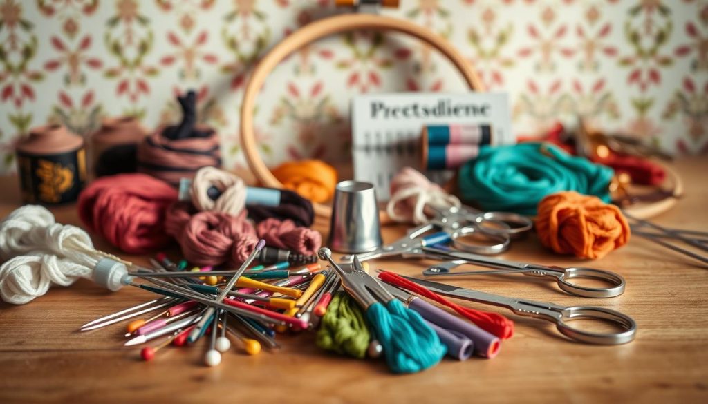 A detailed still life composition showcasing a variety of embroidery tools arranged on a wooden surface. In the foreground, an array of colorful embroidery floss, needles, and scissors in various sizes and styles. In the middle ground, a hoop, thimble, and embroidery thread organizer. The background features a vintage-style patterned fabric or wallpaper, creating a warm, crafty ambiance. Gentle, natural lighting illuminates the tools, highlighting their textures and details. The overall mood is one of artisanal craftsmanship and the enduring tradition of hand embroidery.