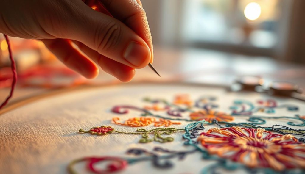 A hand gracefully gliding a needle, creating intricate patterns as vibrant threads weave across a canvas. The foreground captures the delicate, almost dance-like motion, the thread's fluidity and the nimble precision of the artist's movements. The middle ground reveals the emerging design, a captivating interplay of colors and textures. In the background, a softly lit, serene environment allows the act of "drawing with thread" to take center stage, showcasing its meditative, artistic quality. Warm lighting casts a gentle glow, heightening the sense of focus and flow. Captured with a shallow depth of field, the image invites the viewer to immerse themselves in the creative process, appreciating the unique appeal of chain stitch embroidery.