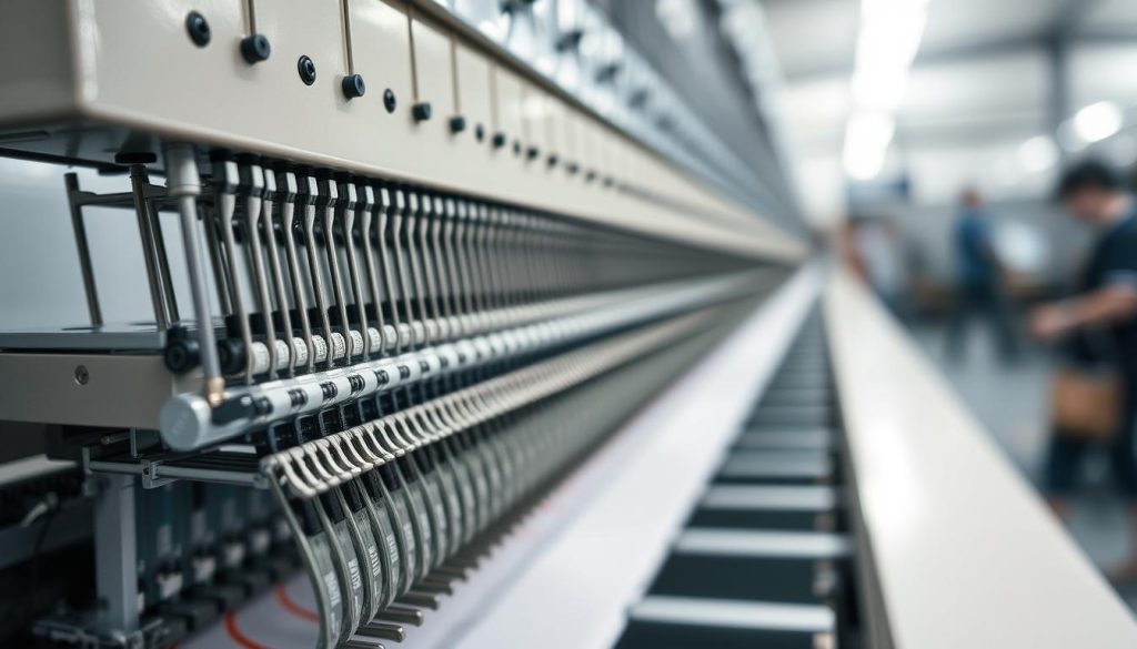 A highly detailed, close-up shot of a needle count embroidery machine, showcasing its intricate mechanisms. The foreground features the needle assembly, its precise movements and the delicate thread tension. The middle ground highlights the complex electronic interface, with a sleek and modern design. The background subtly depicts the broader industrial setting, with a sense of controlled lighting and depth of field to draw the viewer's focus. The overall mood is one of precision engineering, technological innovation, and the craftsmanship inherent in modern embroidery equipment.