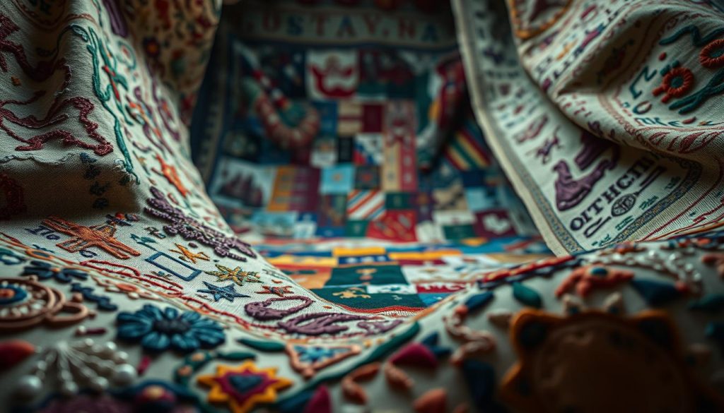 A intricate tapestry unfurls, its threads woven with tales of social, political, and personal narratives. In the foreground, delicate embroidered motifs come alive, revealing hidden messages and symbols that speak volumes. The middle ground showcases a patchwork of vibrant colors and textures, each stitch a brushstroke in a grand, tapestried canvas. In the background, a dimly lit, vintage-inspired setting lends an air of mystery and historical significance, as if these embroidered artifacts hold the key to untold stories. Soft, warm lighting casts a gentle glow, illuminating the intricate details and the depth of meaning embodied within this captivating image of "embroidery as evidence."