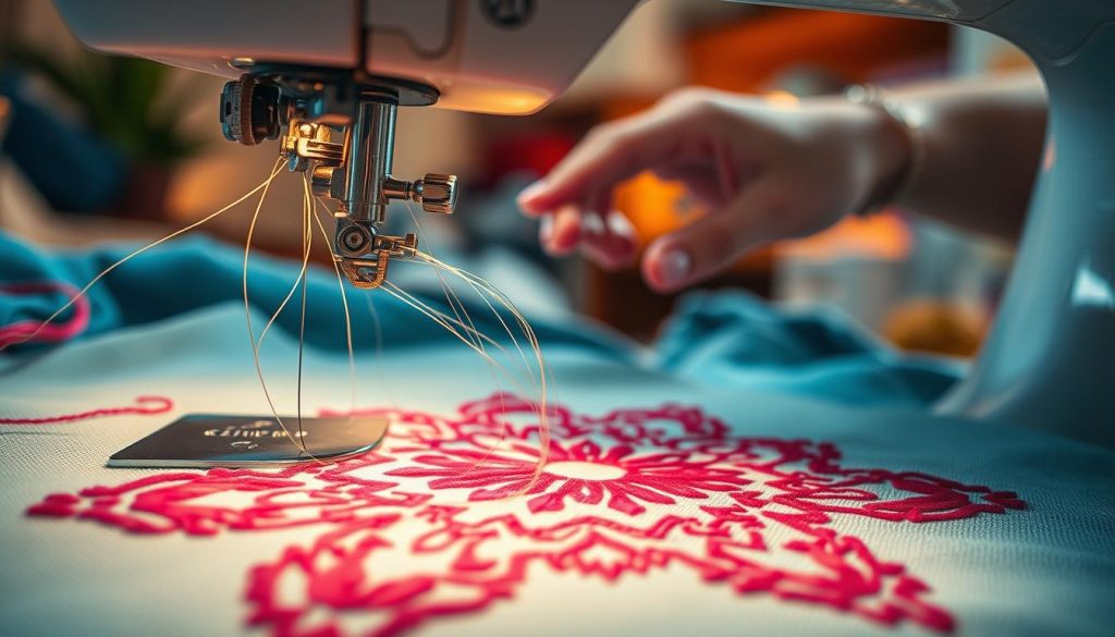A meticulously crafted scene showcasing the art of free-motion embroidery. In the foreground, a sewing machine needle dances gracefully, its delicate stitches forming intricate patterns on a vibrant fabric canvas. Midground, a skilled hand guides the fabric, weaving together threads of various colors to create a mesmerizing design. The background depicts a cozy, well-lit sewing nook, with warm lighting illuminating the dynamic stitching process. Soft shadows and a shallow depth of field accentuate the focused, almost meditative nature of this textile artform. The overall composition conveys the fluid, expressive nature of free-motion embroidery, inviting the viewer to explore the endless creative possibilities of sewing machine artistry. A meticulously crafted scene showcasing the art of free-motion embroidery. In the foreground, a sewing machine needle dances gracefully, its delicate stitches forming intricate patterns on a vibrant fabric canvas. Midground, a skilled hand guides the fabric, weaving together threads of various colors to create a mesmerizing design. The background depicts a cozy, well-lit sewing nook, with warm lighting illuminating the dynamic stitching process. Soft shadows and a shallow depth of field accentuate the focused, almost meditative nature of this textile artform. The overall composition conveys the fluid, expressive nature of free-motion embroidery, inviting the viewer to explore the endless creative possibilities of sewing machine artistry.
